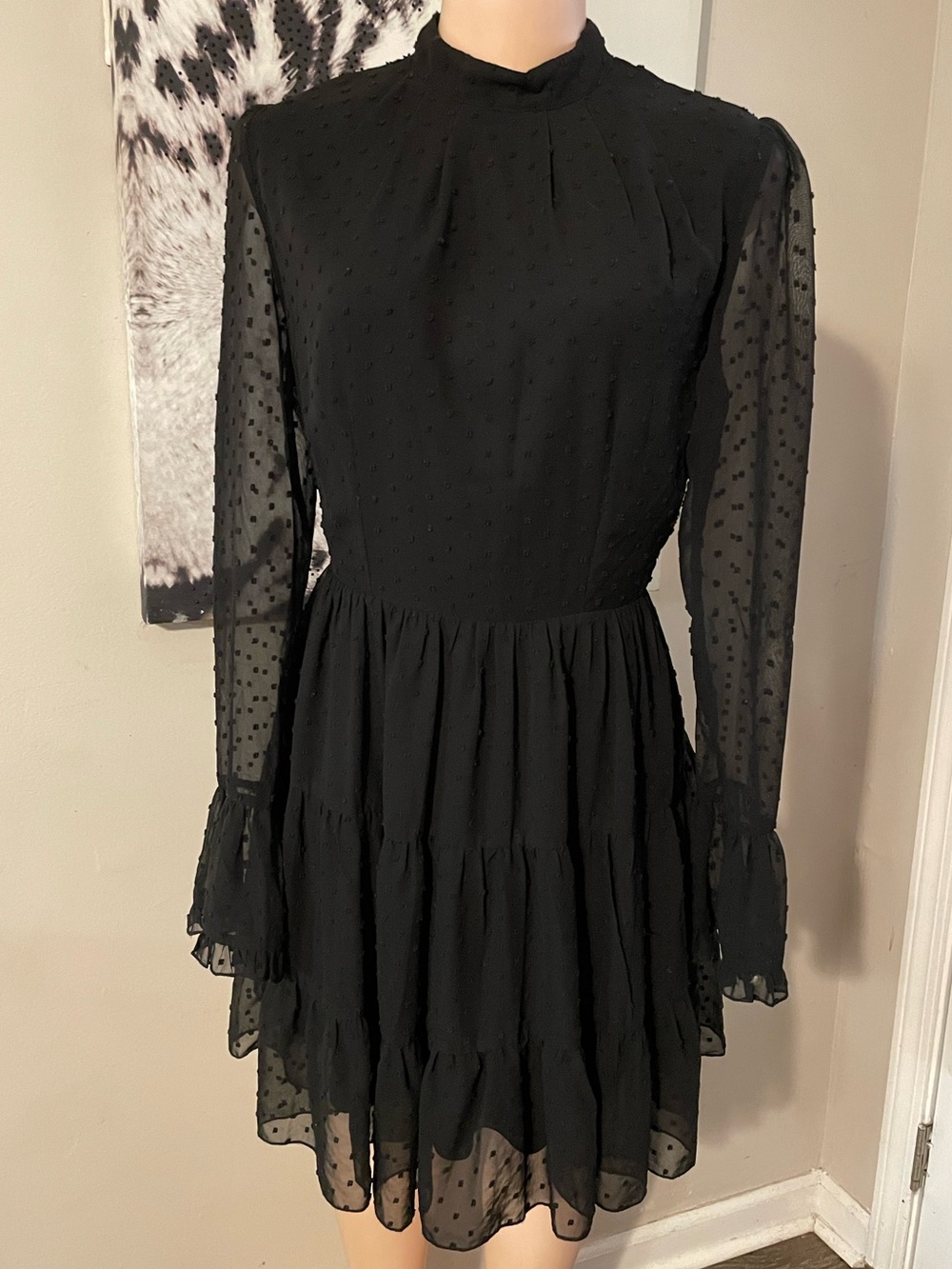 Missord Black Swiss Dot tiered mini dress Goth layering outfit mock neck Small